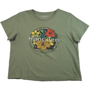Hang Ten Women's Graphic Short Sleeve Crew Neck Tee Large Green Floral Shirt L